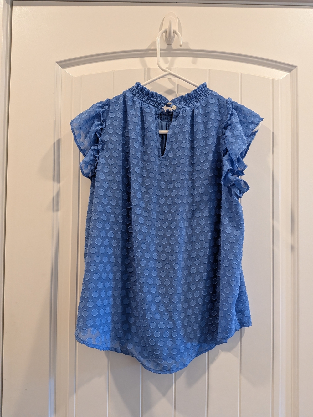 LOFT Blue Swiss Dot Ruffle Sleeve Smocked Neck Blouse - Picture 4 of 6